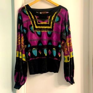 Multiples Sweater Purple Yellow Black Abstract Print Blouson Sleeves Size Small